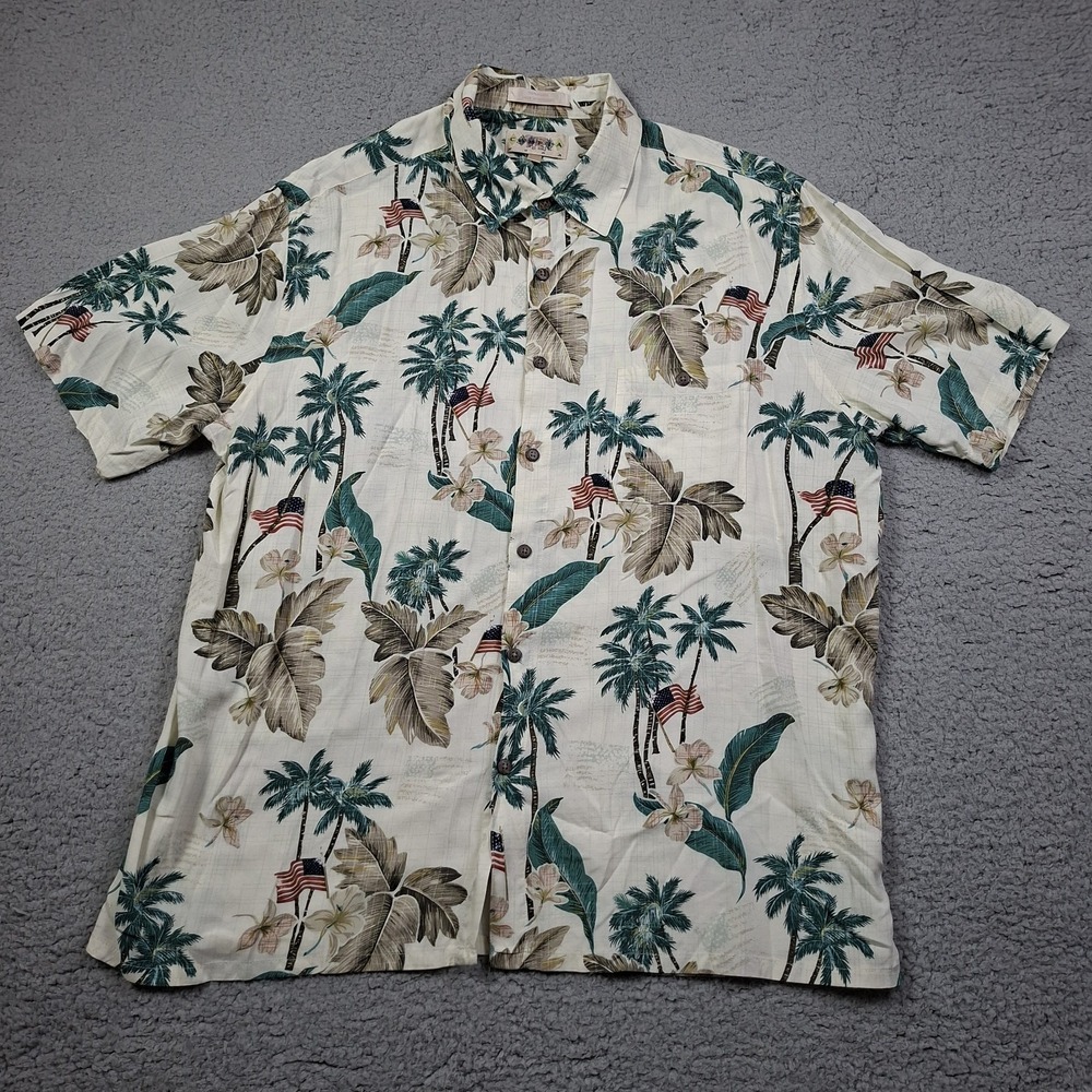 Campia Moda Mens XL Hawaiian Shirt Rayon USA Flag Palm Tree Tropical Button Up